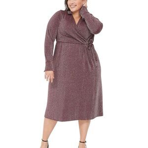 Lane Bryant Lurex Faux-Wrap Collar Midi Dress Deep Cranberry Size 30/32 NWT